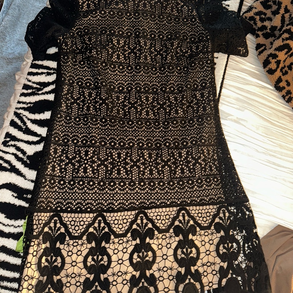 Madison Leigh Black Lace Sheath Dress with Flutter Sleeves